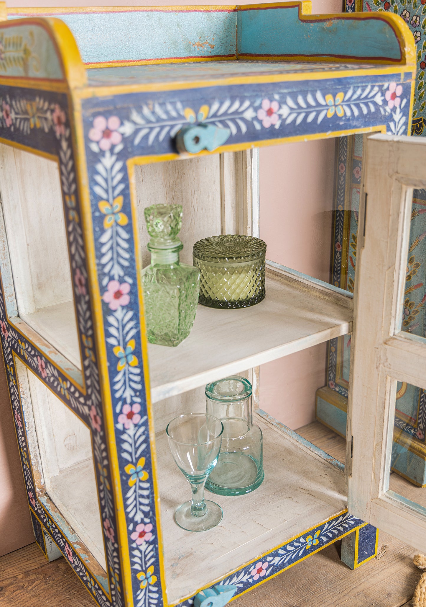 Hand-Painted Glazed Display Cabinet | Three-Sided Vintage Showcase