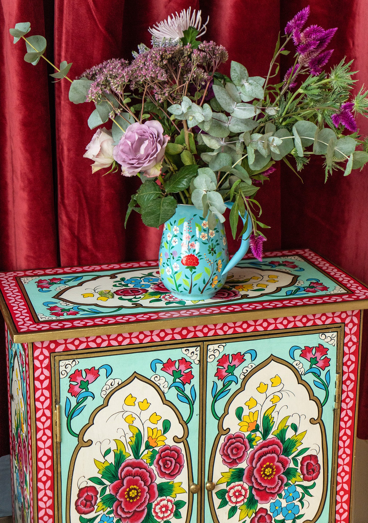 Hand-Painted Double Door Cupboard | Mulberry Rose Bouquet Design