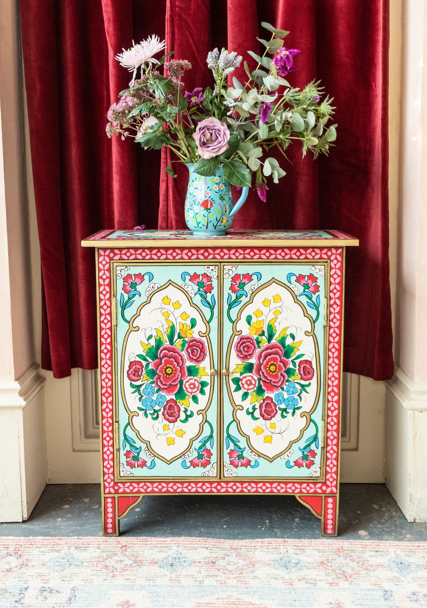 Hand-Painted Double Door Cupboard | Mulberry Rose Bouquet Design