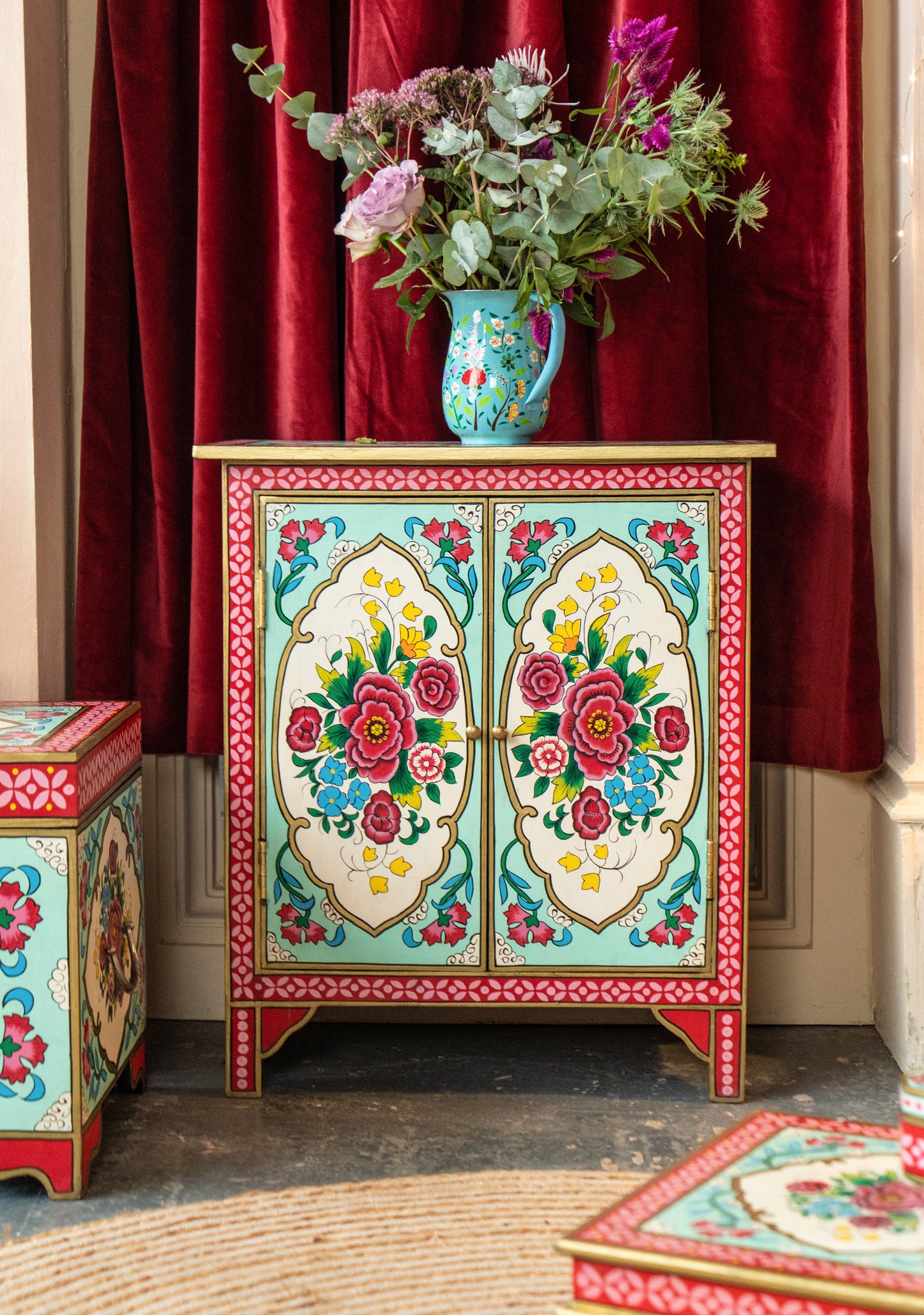 Hand-Painted Double Door Cupboard | Mulberry Rose Bouquet Design