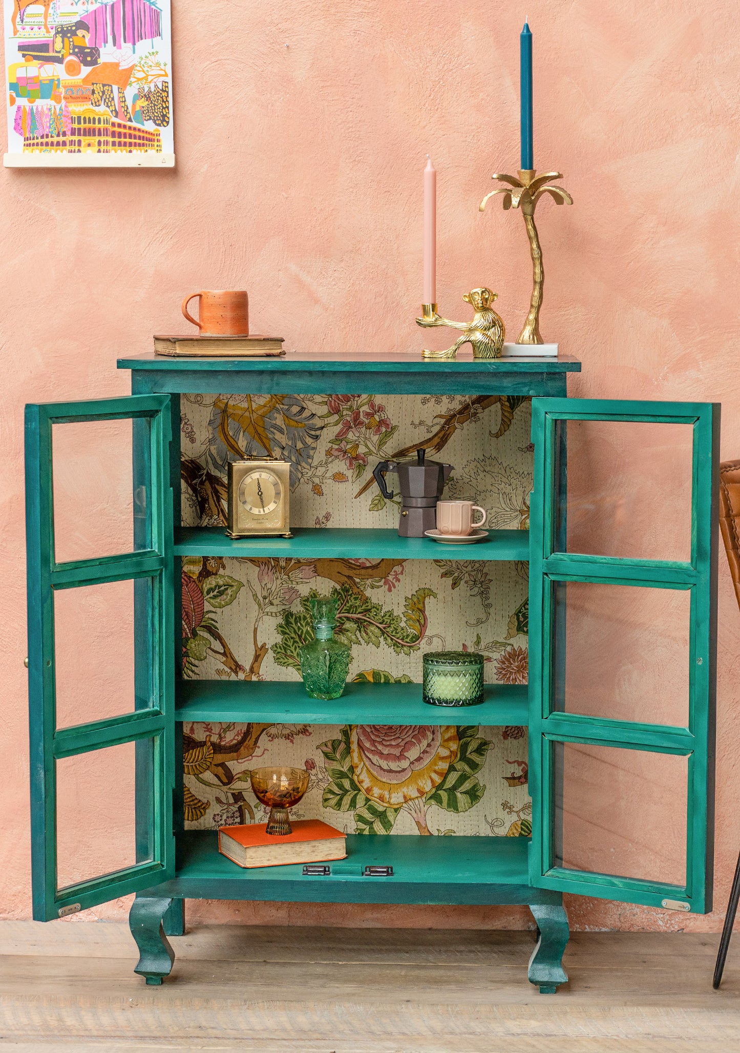 Hand-Painted Sea Green Glazed Cabinet | Vintage Bookshelf