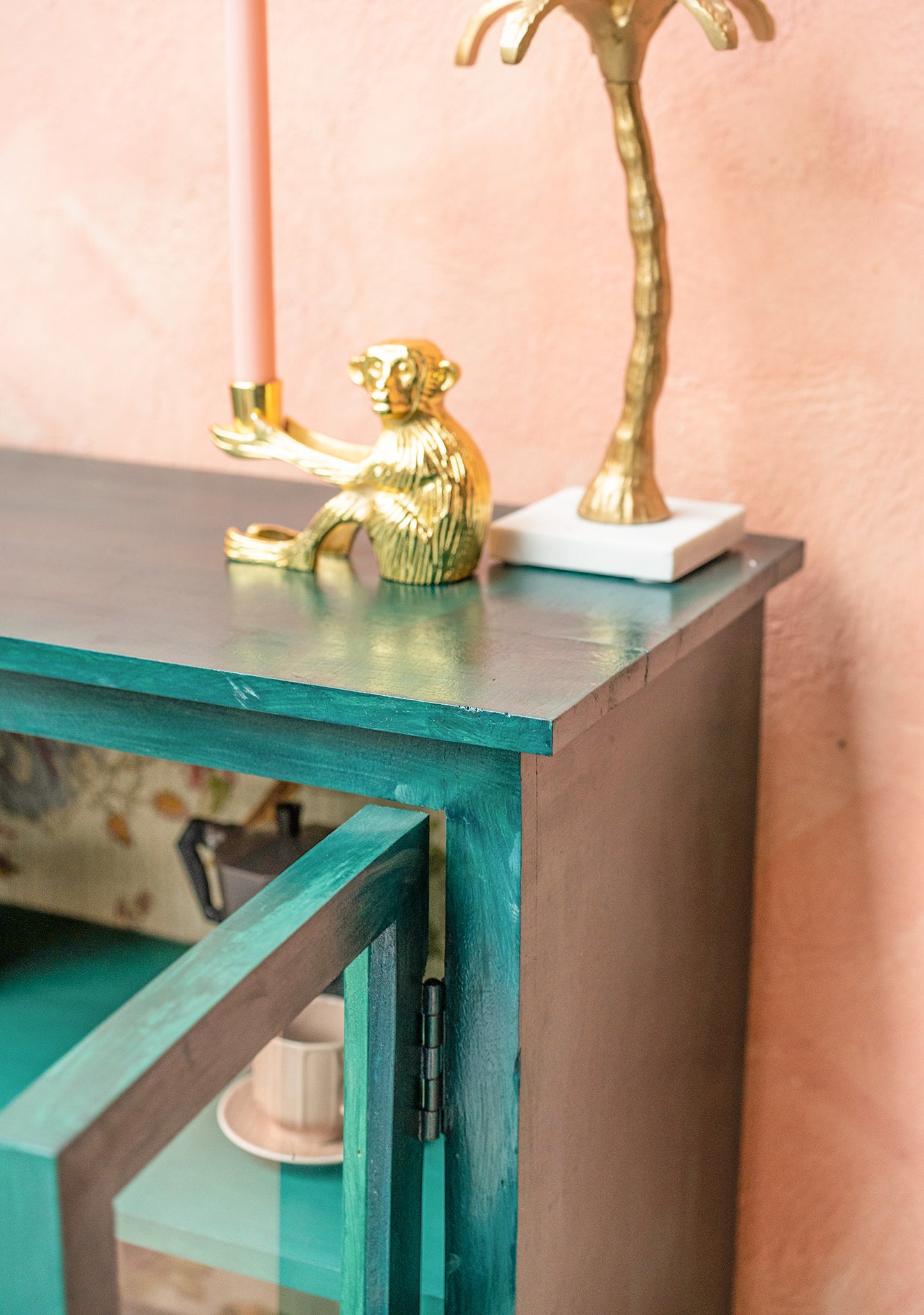 Hand-Painted Sea Green Glazed Cabinet | Vintage Bookshelf