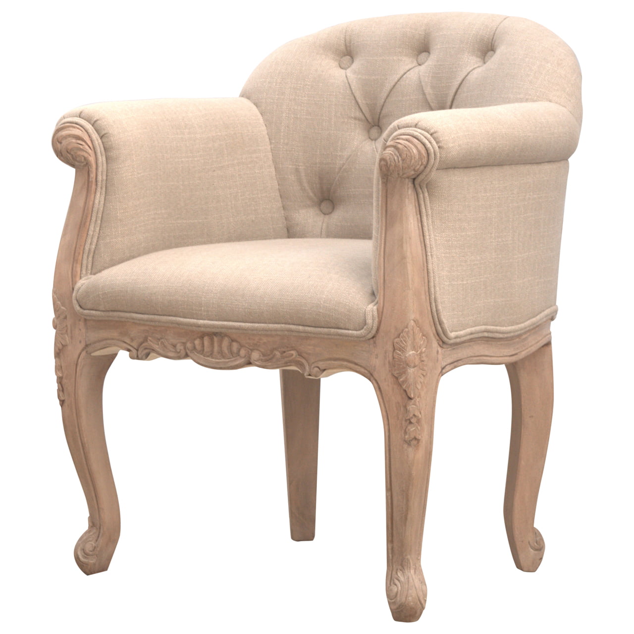 French Style Bedroom Chair. Beige upholstered chair with ornate wooden frame 
