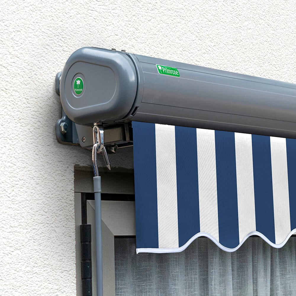 5m Full Cassette Electric Awning in Charcoal with Blue & White Stripes