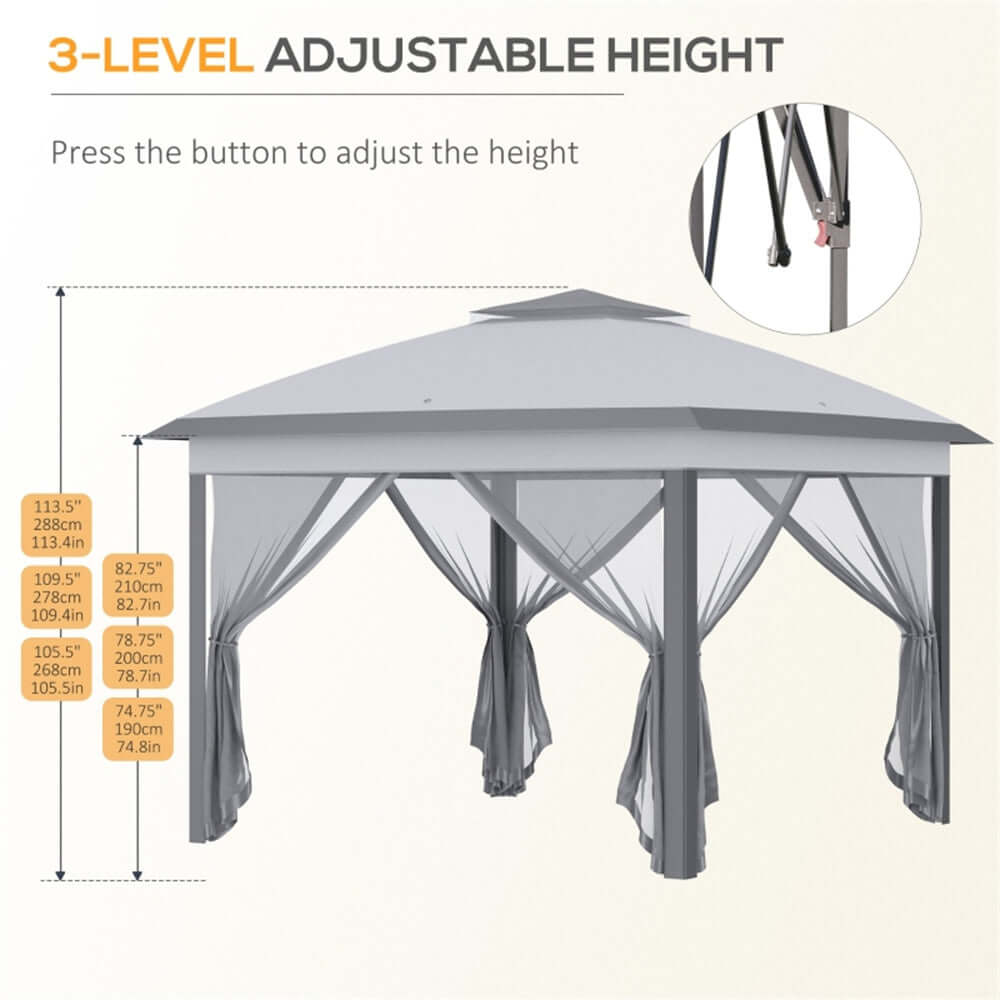 All seasons heavy duty party tent gazebo with sides. Grey outdoor canopy with adjustable height feature 