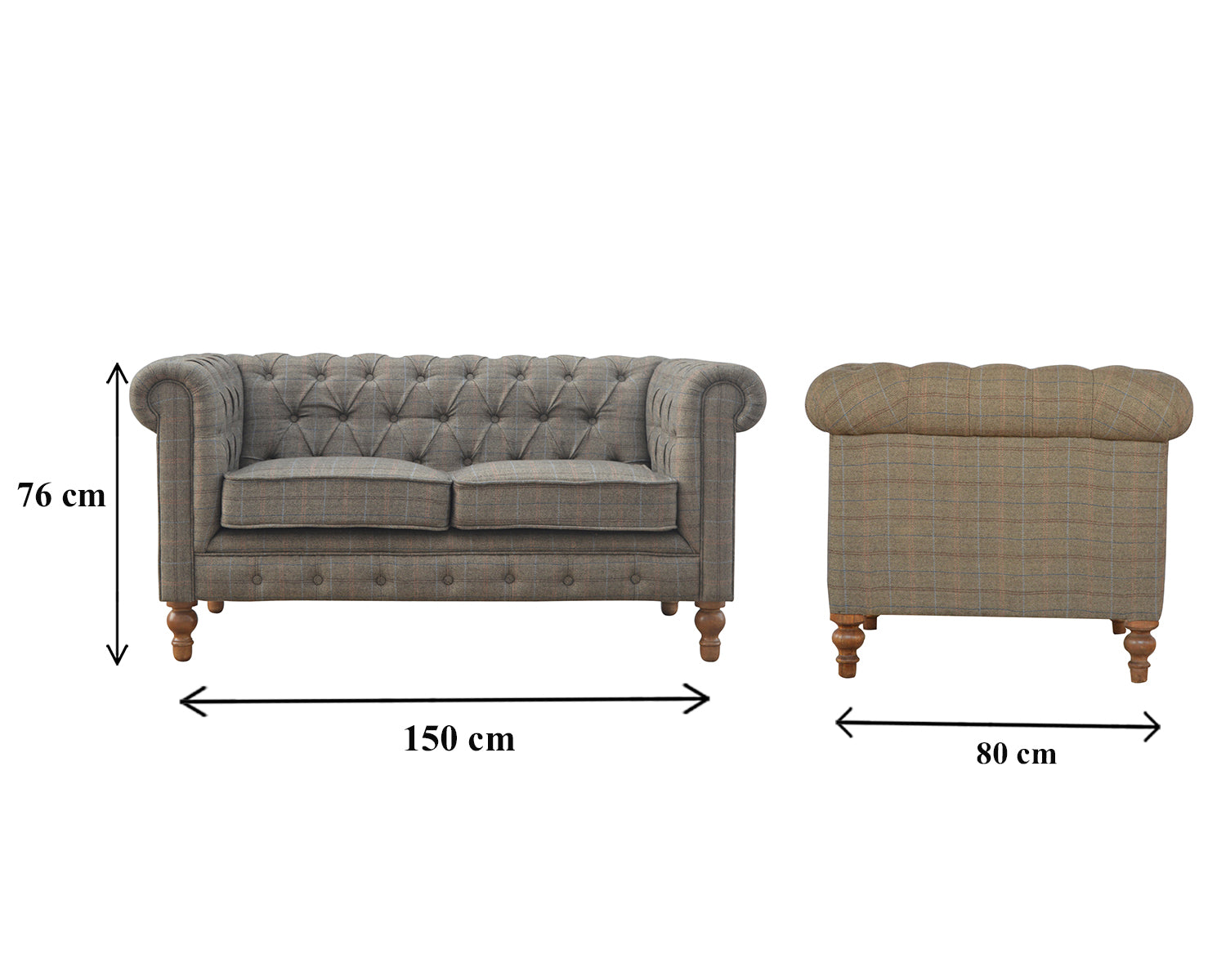 Tweed Chesterfield Sofa. Grey tufted sofa with dimensions 