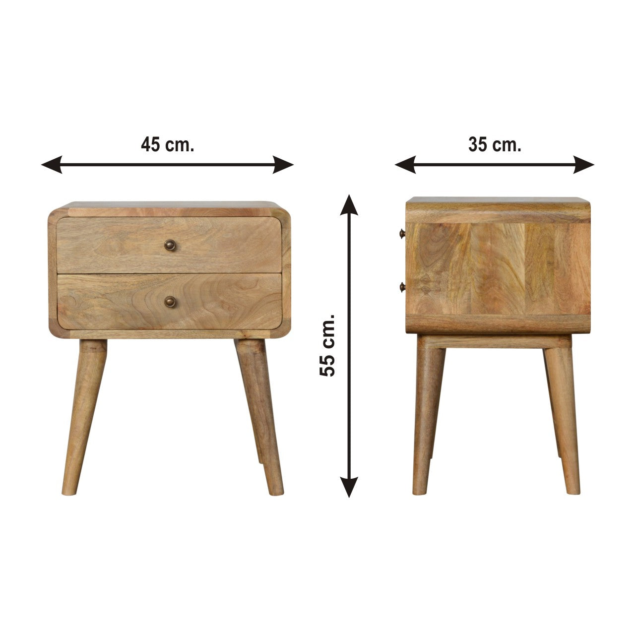 Wooden Bedside Cabinet with drawers, wooden bedside table with dimensions labeled 