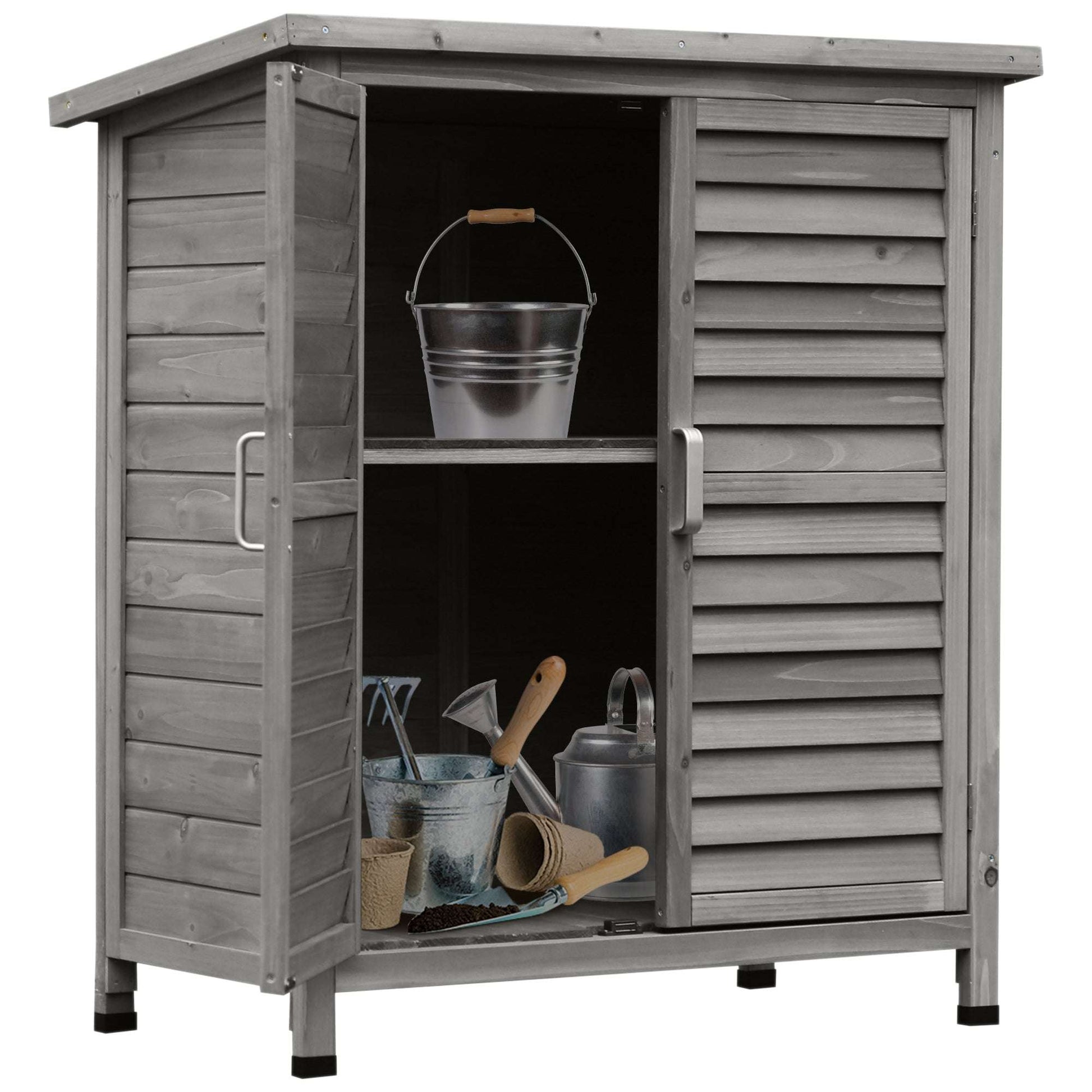 Luxury storage shed, Interior view showing two storage shelves 