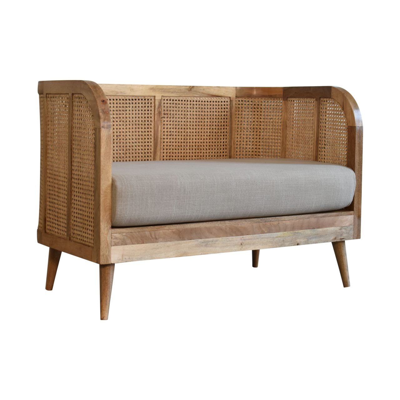 Small 2 Seater conservatory Sofa. Rattan design and grey linen cushion 