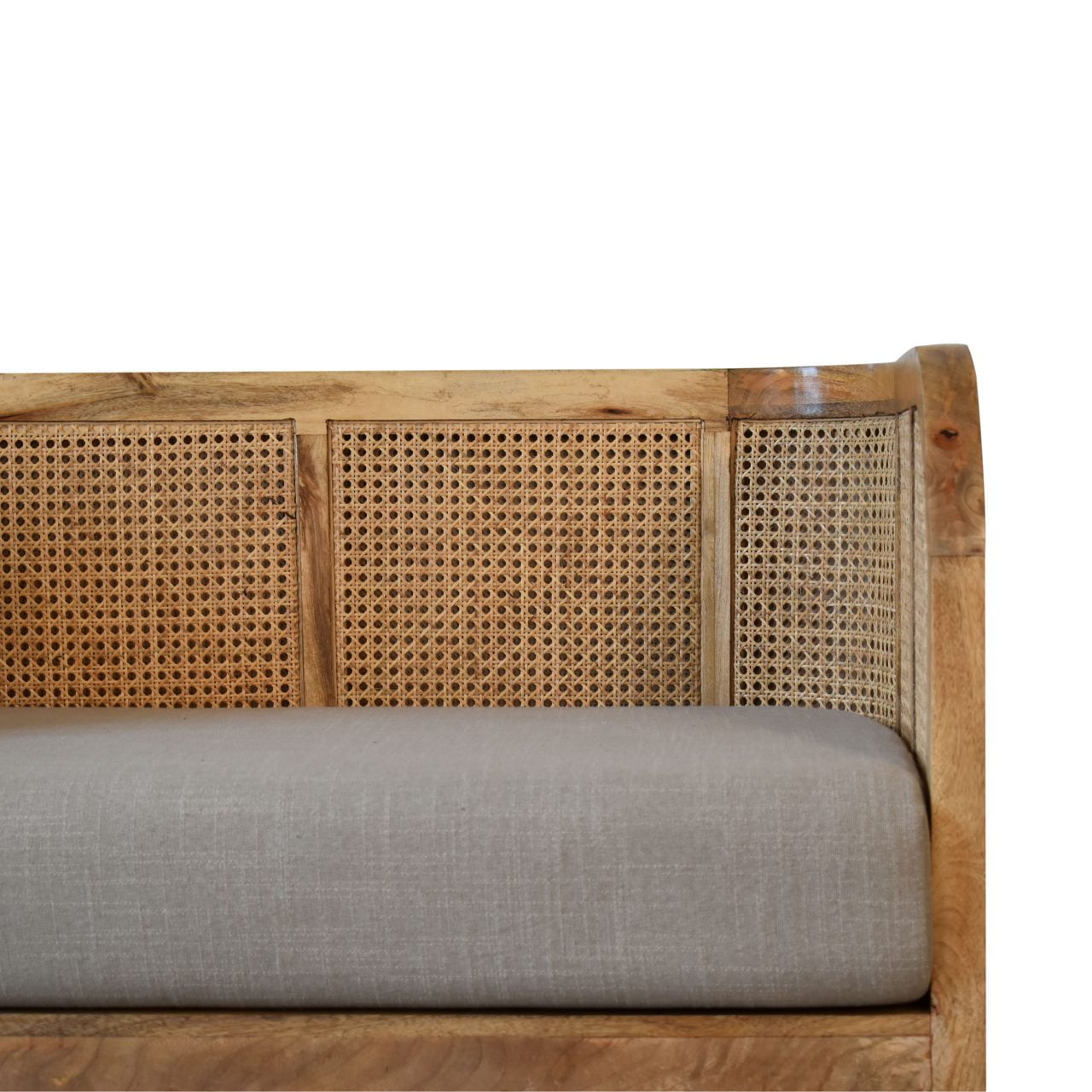 Small 2 Seater conservatory Sofa Rattan with woven design and grey linen cushion 