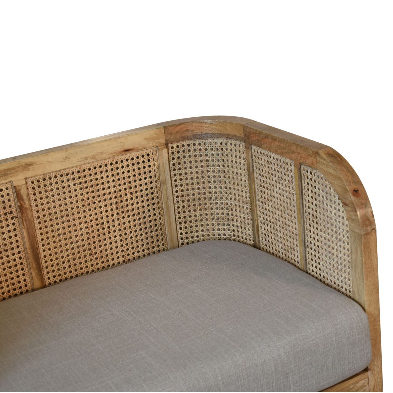 Small 2 Seater conservatory Sofa. Rattan and grey linen cushion 