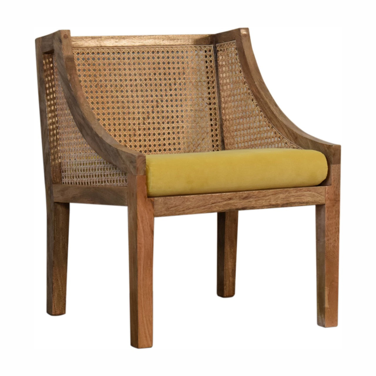 Wooden Rattan chair with wicker backrest and yellow cushion 