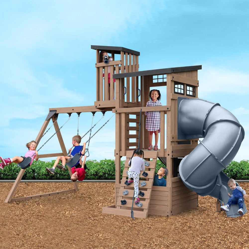 Modern Lookout Tower Wooden Playset with Slides & Swings – Cedar Outdoor Adventure Frame