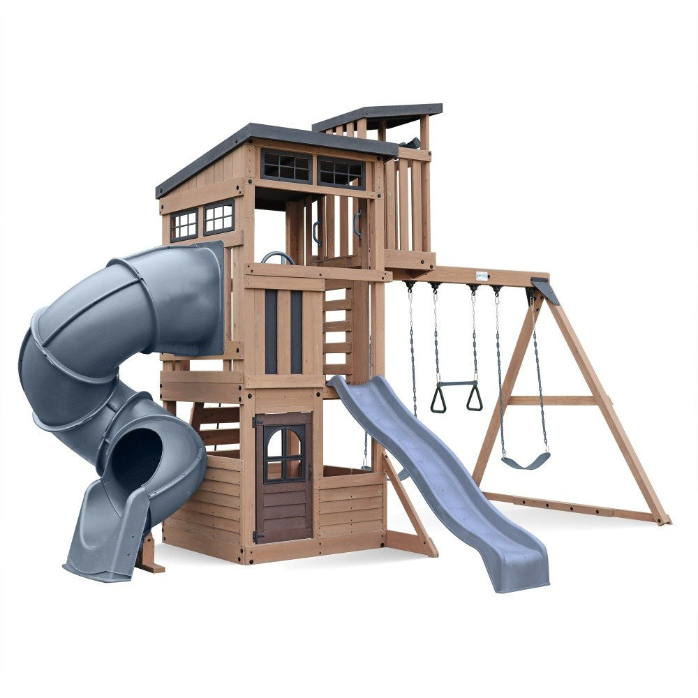 Modern Lookout Tower Wooden Playset with Slides & Swings – Cedar Outdoor Adventure Frame