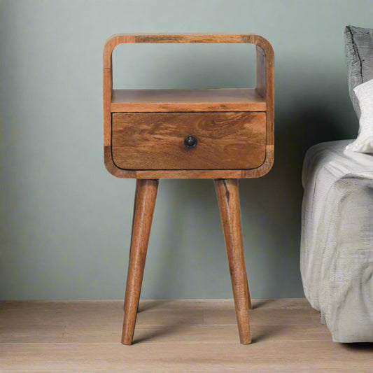 Wooden bedside table with a drawer and shelf