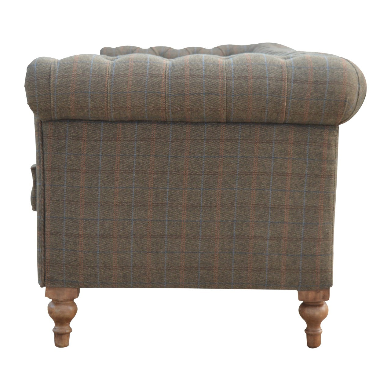 Tweed chesterfield sofa. Brown checkered sofa with wooden legs 