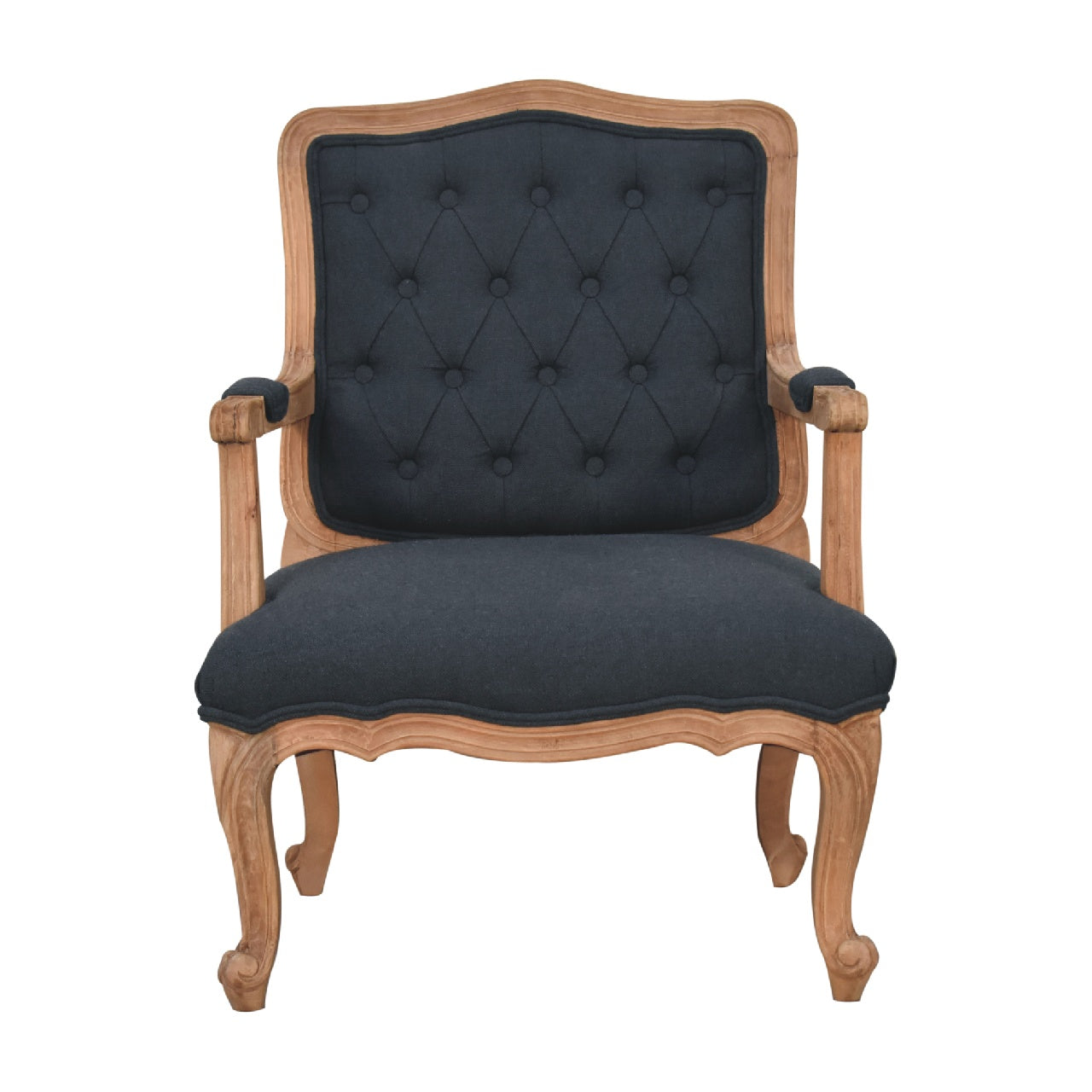 French style chair with arms. Chair with black tufted backrest and wooden frame 