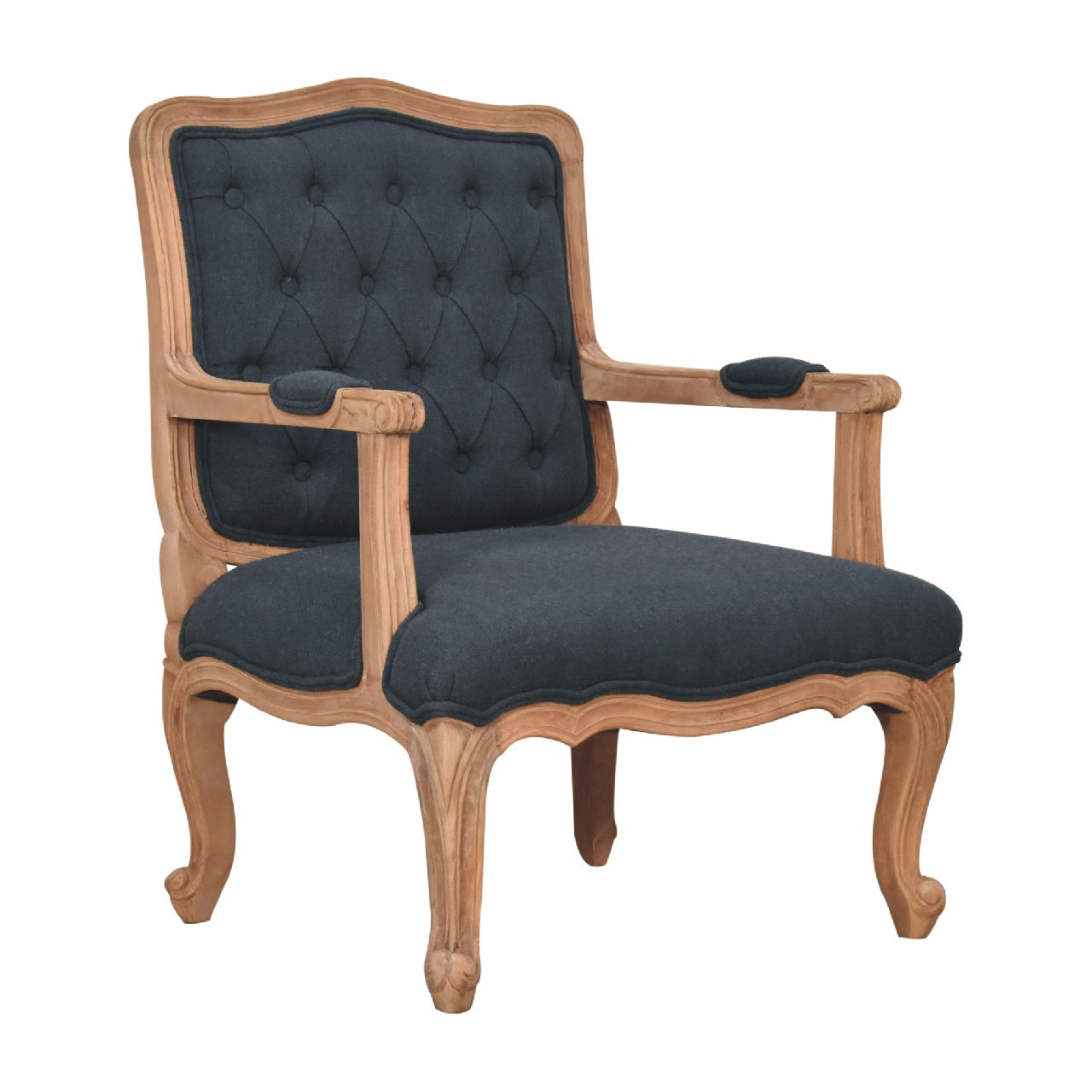 French style chair with arms. Chair with dark grey upholstered seat and backrest