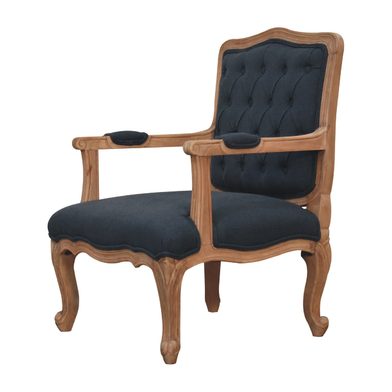 French style chair with arms. Chair with dark grey upholstered seat and backrest 