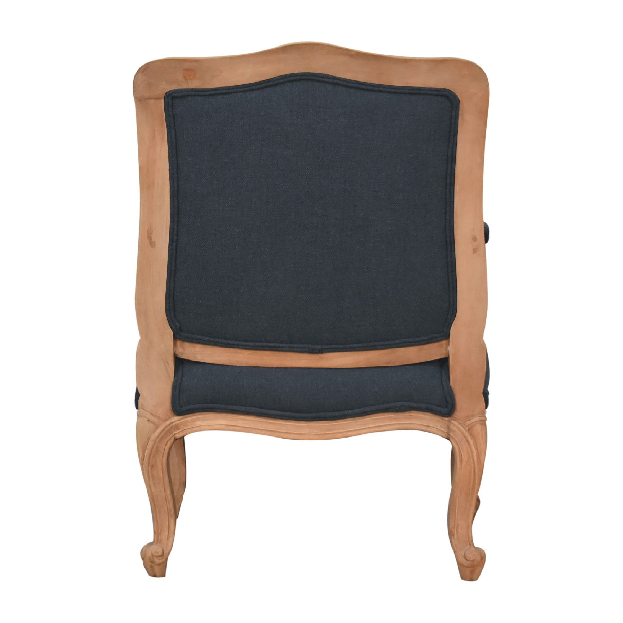 French style chair with arms. Chair with wooden frame and dark upholstered backrest