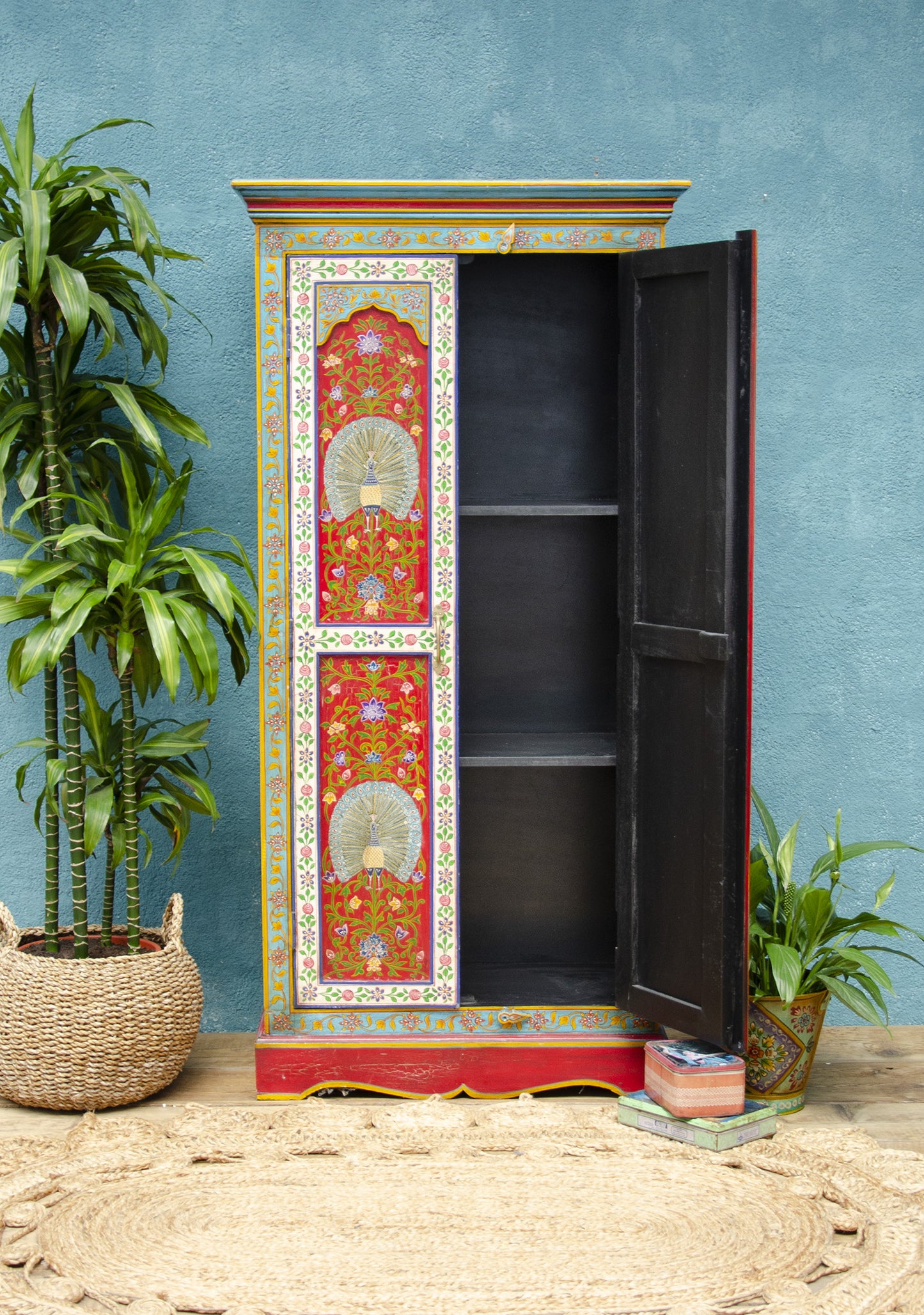 Hand-Painted Regal Tall Cupboard in Deep Red & Cream – Mango Wood