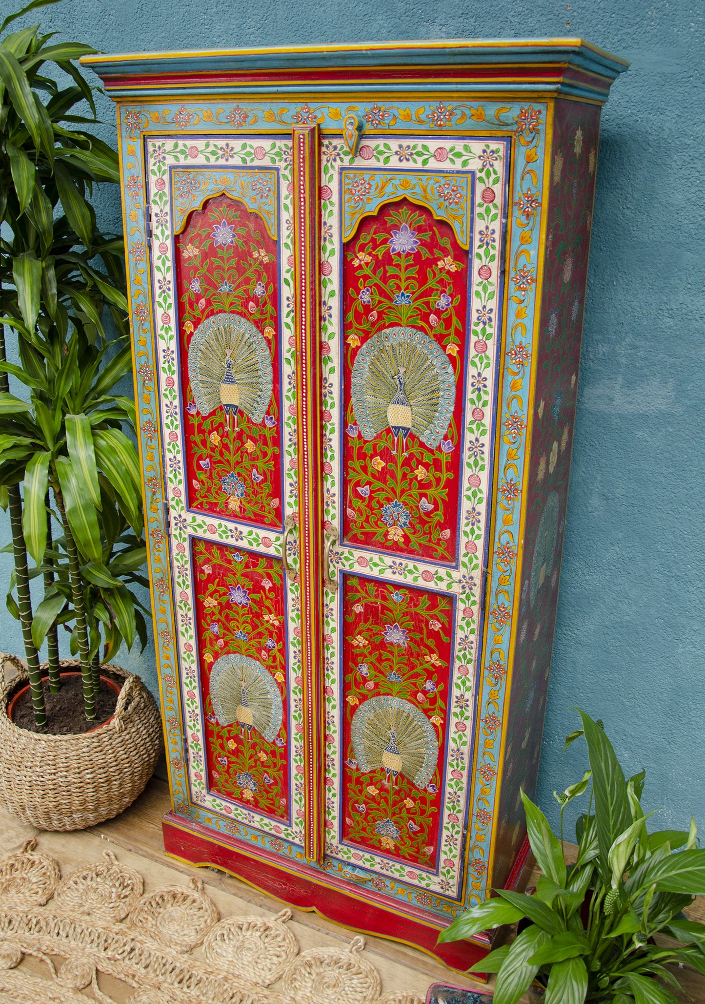 Hand-Painted Regal Tall Cupboard in Deep Red & Cream – Mango Wood