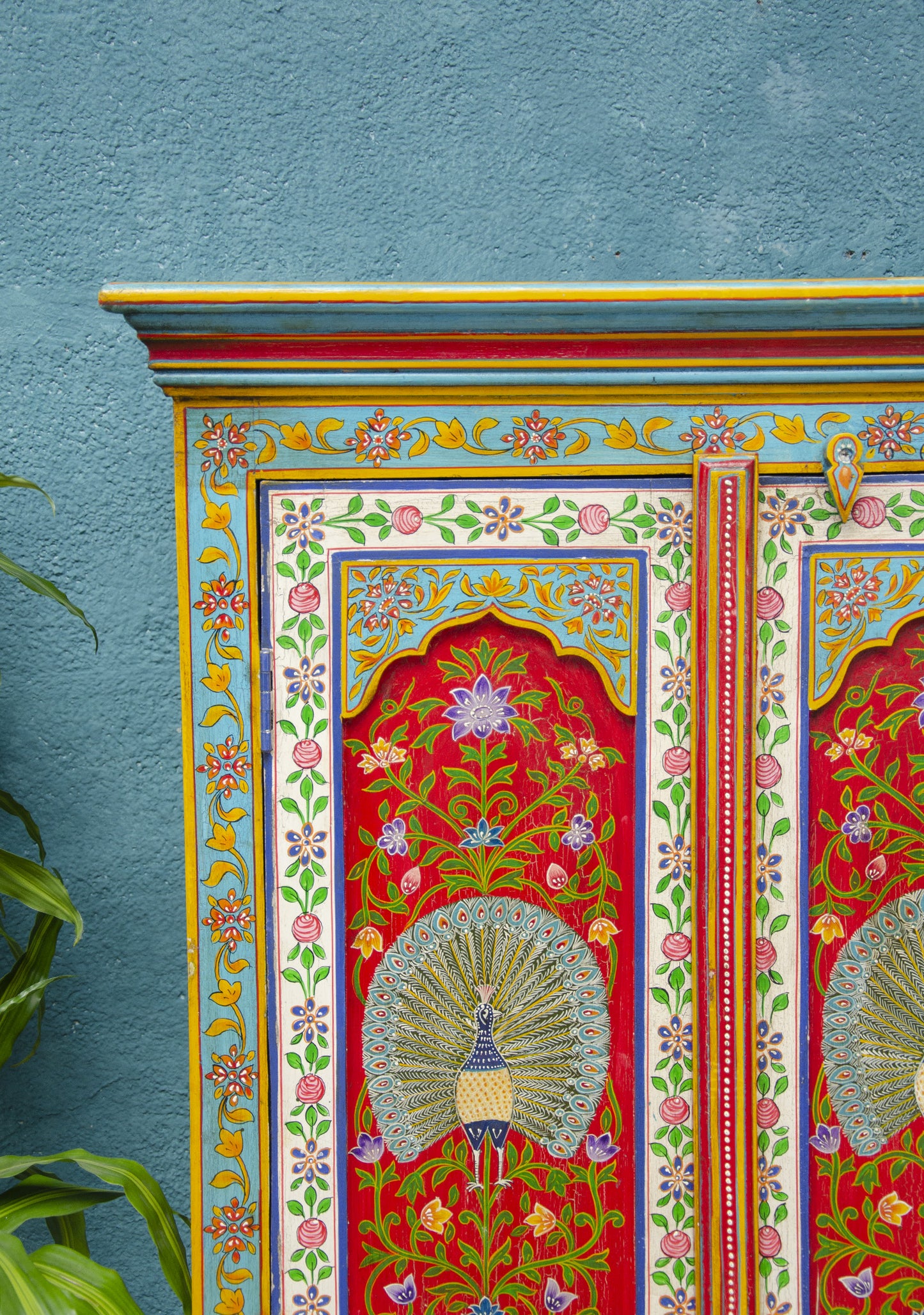 Hand-Painted Regal Tall Cupboard in Deep Red & Cream – Mango Wood