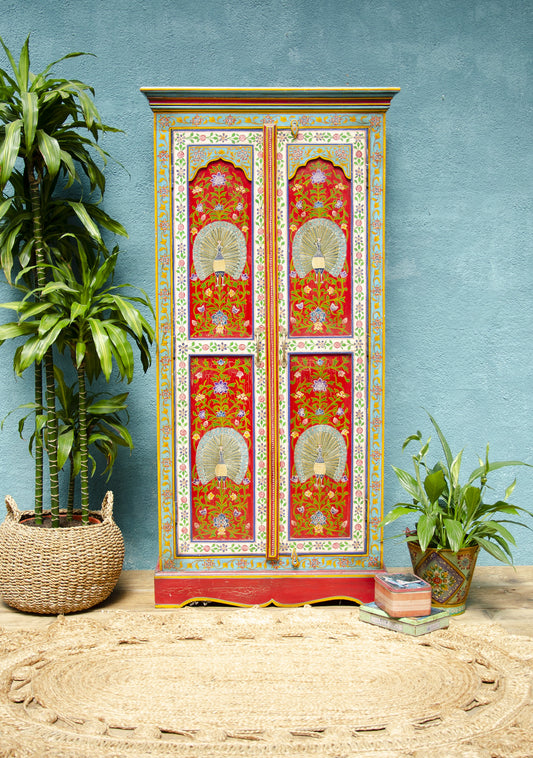 Hand-Painted Regal Tall Cupboard in Deep Red & Cream – Mango Wood