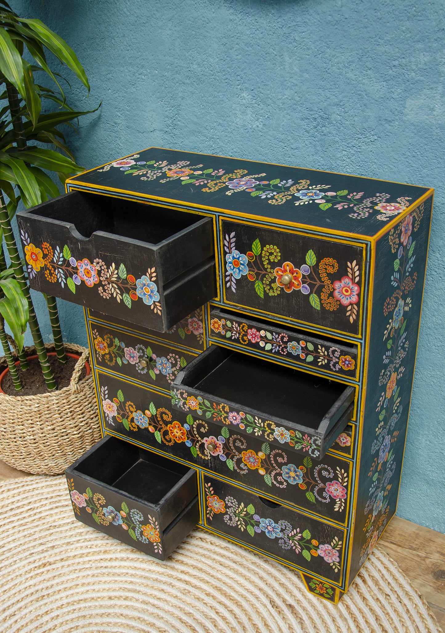 Midnight Hand-Painted 10-Drawer Wooden Chest – Artisan Mango Wood Storage