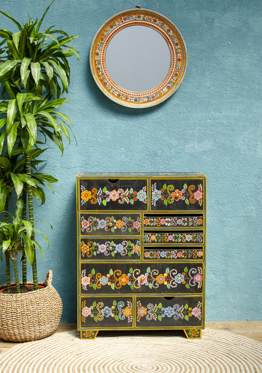 Midnight Hand-Painted 10-Drawer Wooden Chest – Artisan Mango Wood Storage