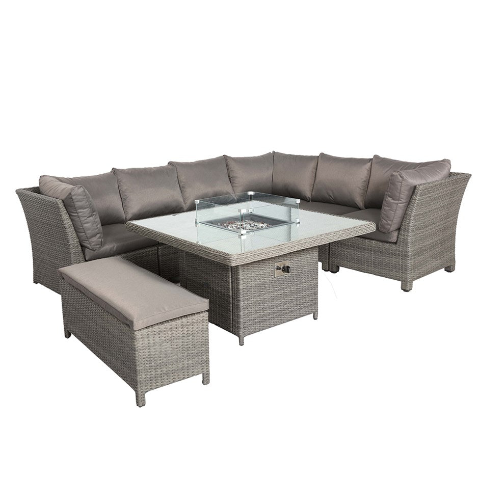 7-Seater Garden Corner Dining Set with Fire Pit Table – Modular Rattan Design