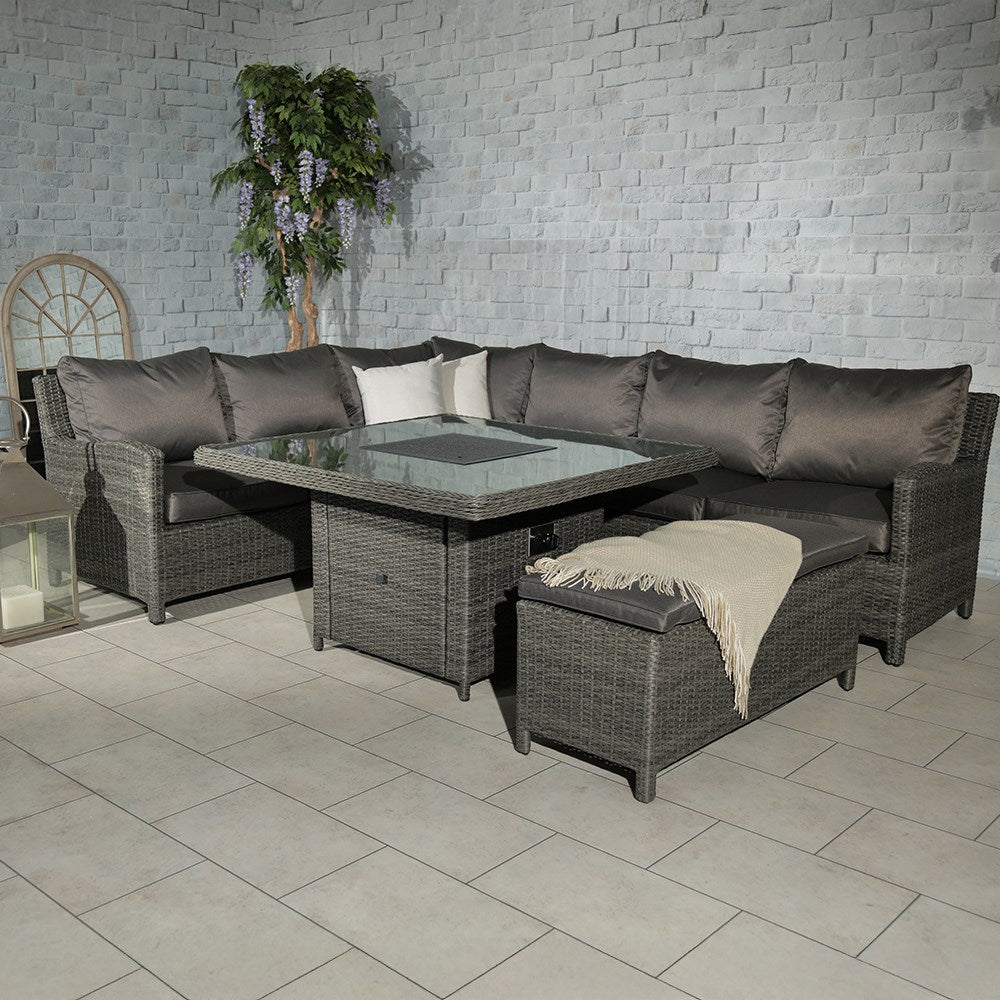 7-Seater Garden Corner Dining Set with Fire Pit Table – Modular Rattan Design