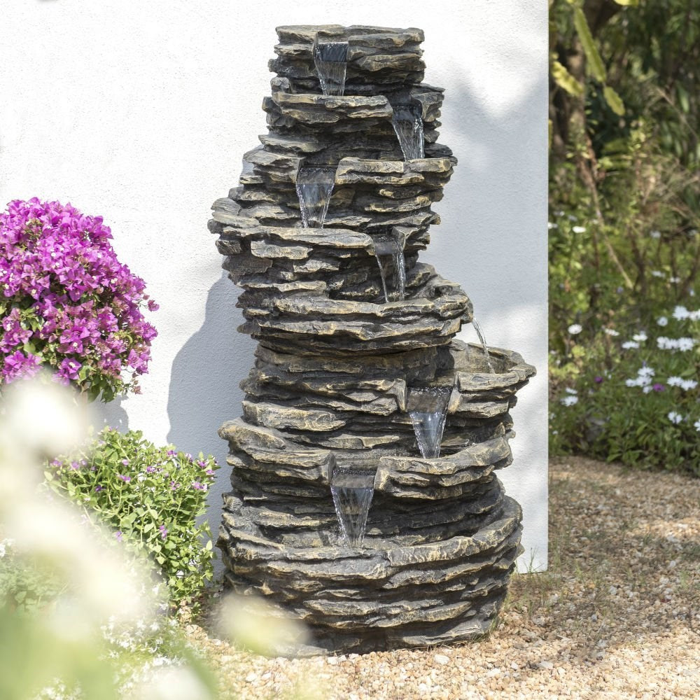 8-Tier Rock Cascade Water Feature with Halogen Lights – Indoor & Outdoor Use