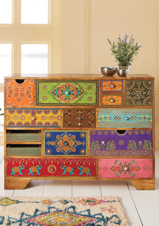 Eclectic Hand Painted 14 Drawer Cabinet / Chest