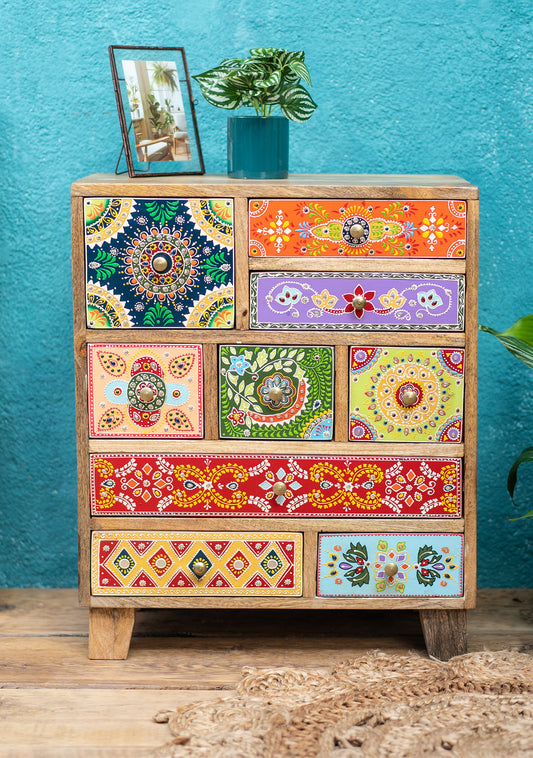 Hand-Painted 9-Drawer Sankalaka Cabinet