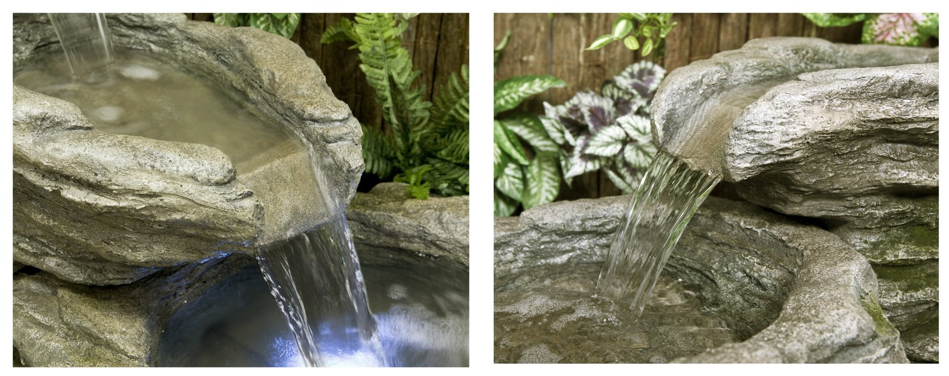 Large Cascading Water Feature for Garden. Two images of a stone water fountain with water flowing 