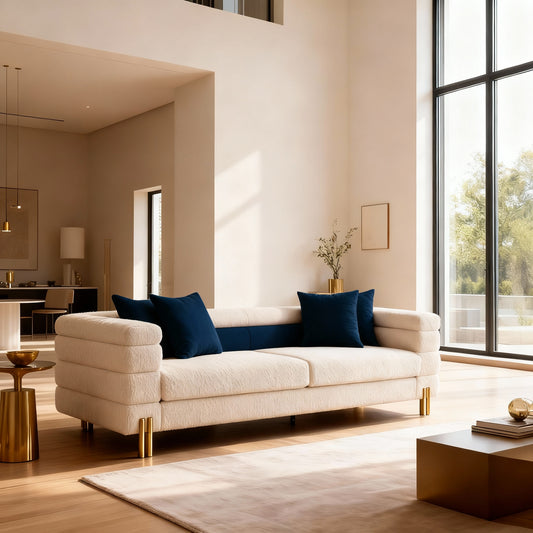 York Bouclé Cream Sofa | Streamline Moderne Art Deco Style with Brushed Brass Leg