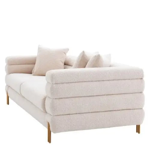 York Bouclé Cream Sofa. With gold legs and art deco design. Cream sofa with cushions 
