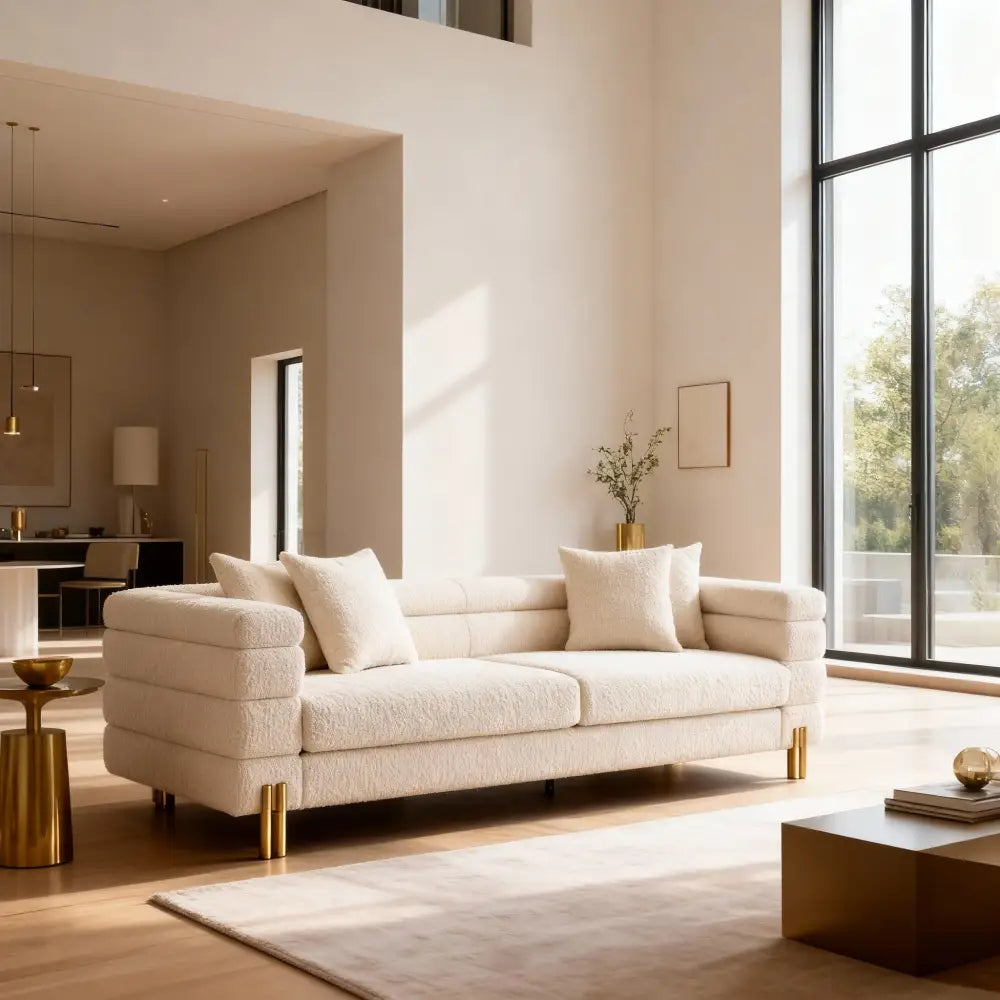 York Bouclé Cream Sofa. With gold legs and art deco design. Cream sofa 