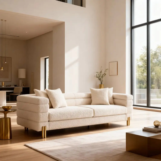 York Bouclé Cream Sofa. With gold legs and art deco design. Cream sofa 