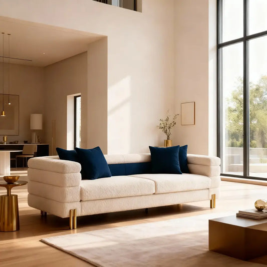 York Bouclé Cream Sofa. With gold legs and art deco design