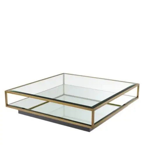 Brushed Brass Coffee Table with Glass & Mirrored Shelf. Square glass coffee table with gold frame