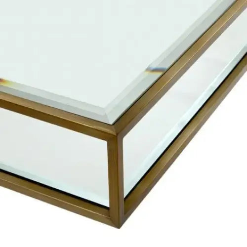 Brushed Brass Coffee Table with Glass & Mirrored Shelf. Glass table with gold frame 