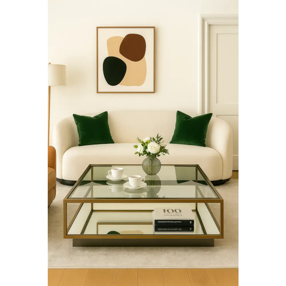 Brushed Brass Coffee Table with Glass & Mirrored Shelf.