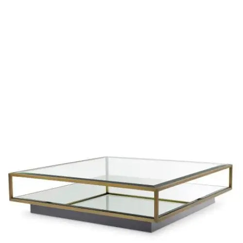 Brushed Brass Coffee Table with Glass & Mirrored Shelf. Modern coffee table with glass top and gold frame 