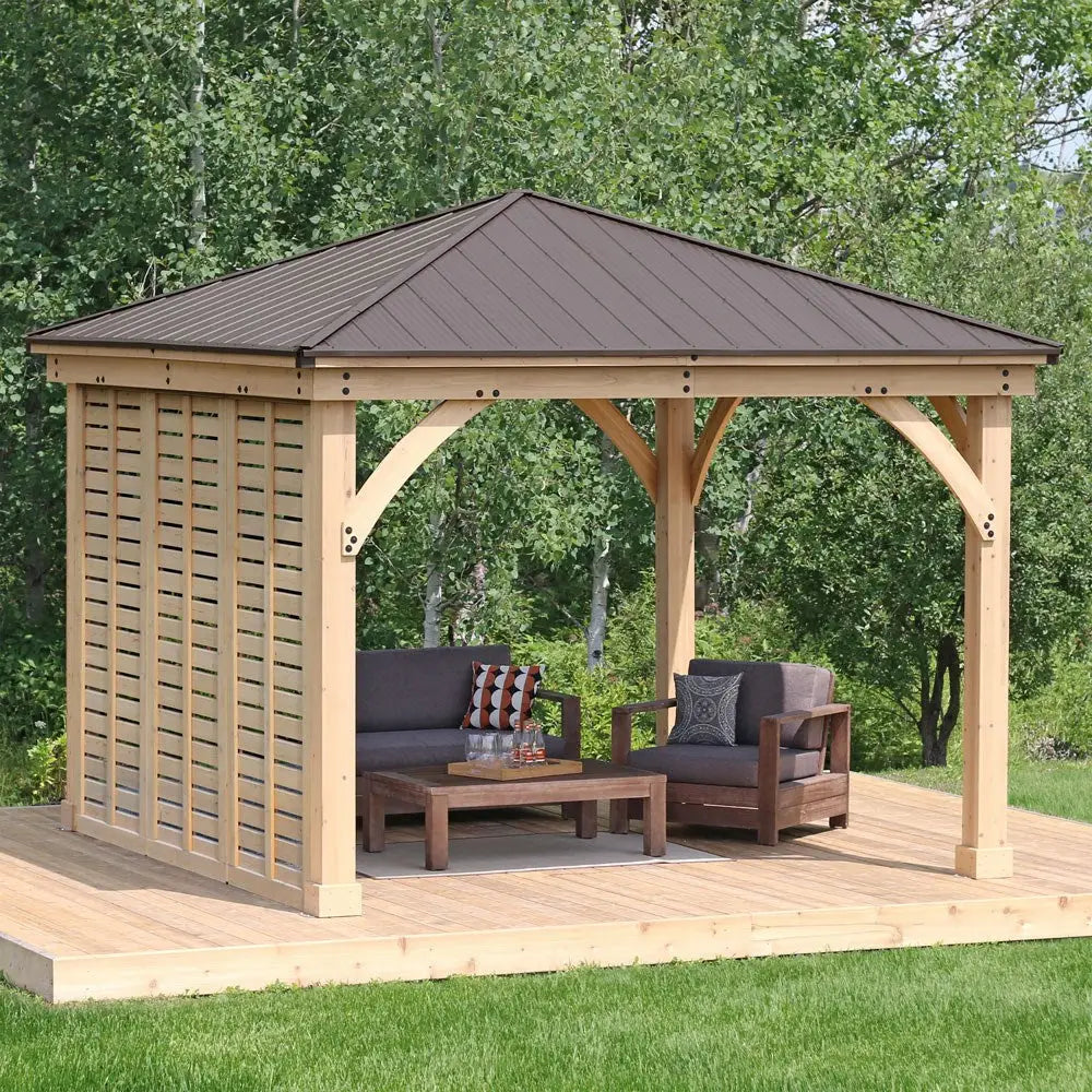 Cedar Wood Gazebo with Single Privacy Wall – 10ft x 10ft Luxury Outdoor Shelter - Gazebos
