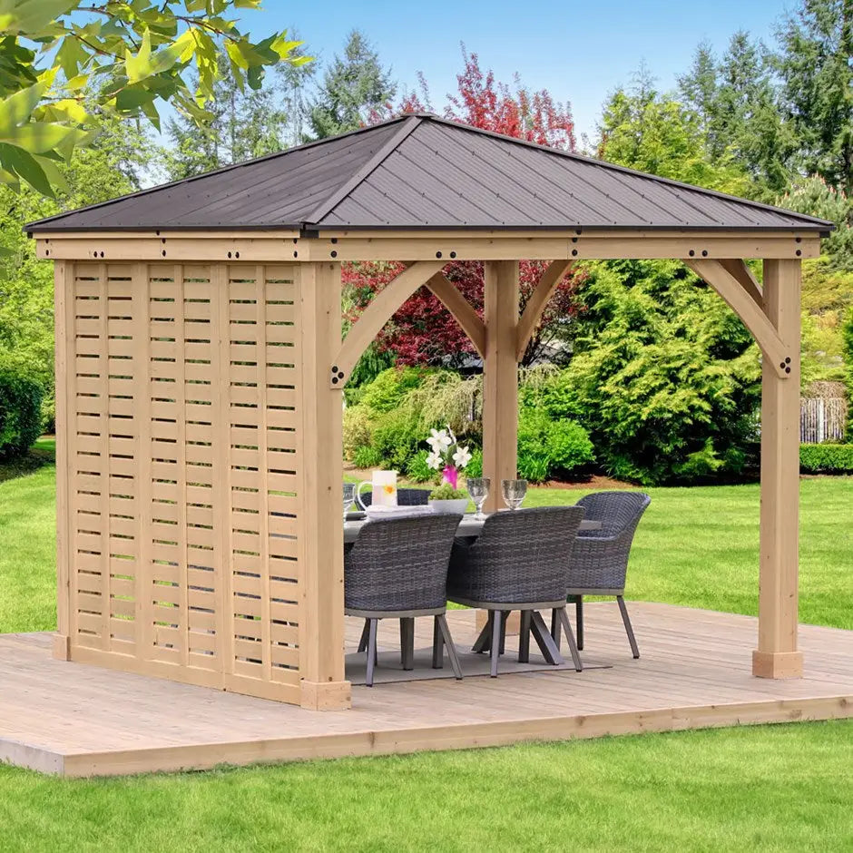 Cedar Wood Gazebo with Single Privacy Wall – 10ft x 10ft Luxury Outdoor Shelter - Gazebos