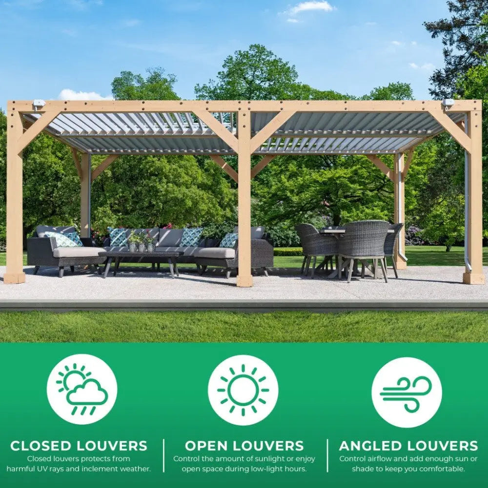 Cedar Wood Pergola with Adjustable Louvered Roof – 10ft x 20ft Luxury Outdoor Room - Pergolas