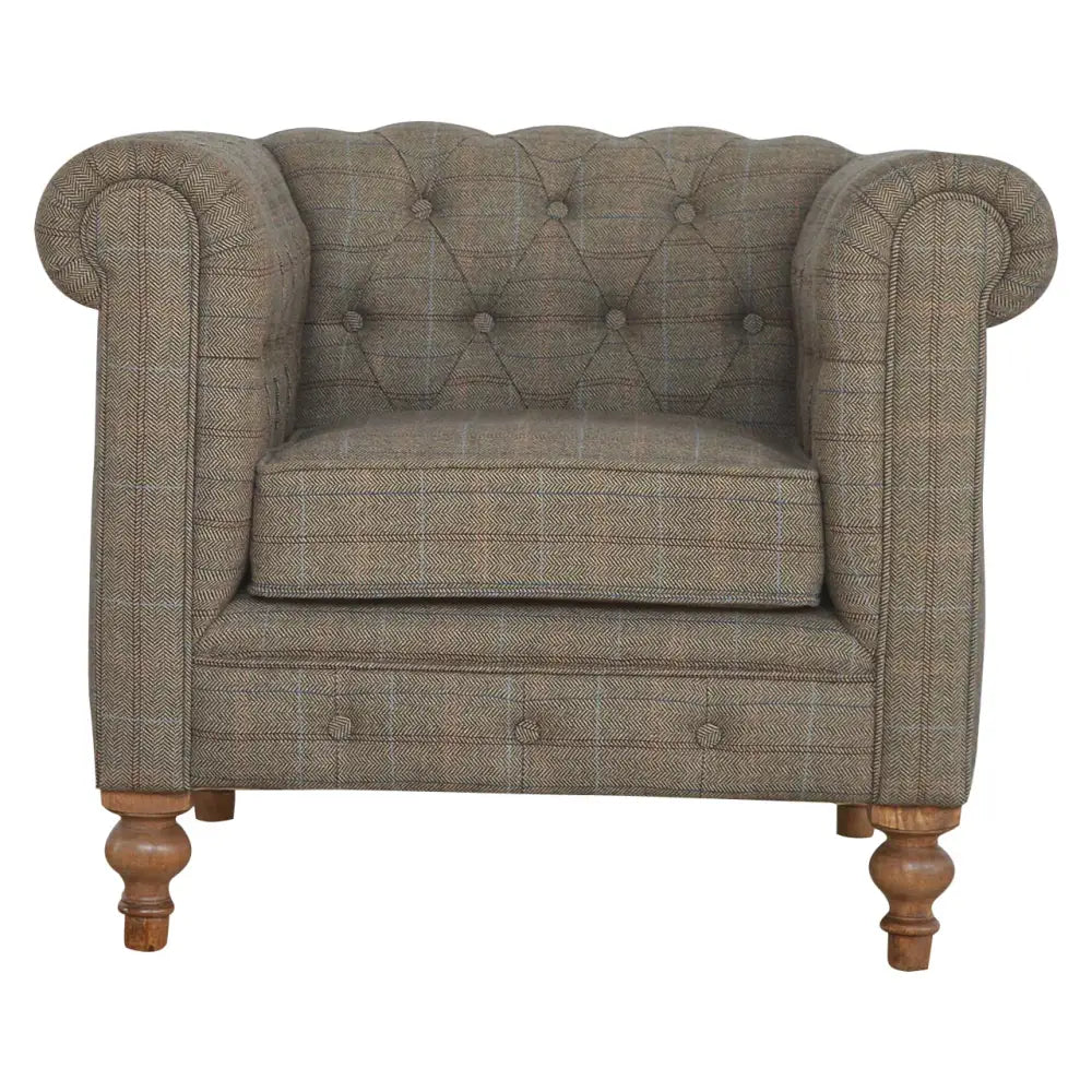Eco-friendly home decor. Tweed Chesterfield Chair. Tartan multi tweed armchair with wooden legs.