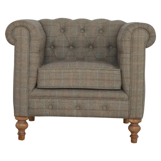 Eco-friendly home decor. Tweed Chesterfield Chair. Tartan multi tweed armchair with wooden legs.